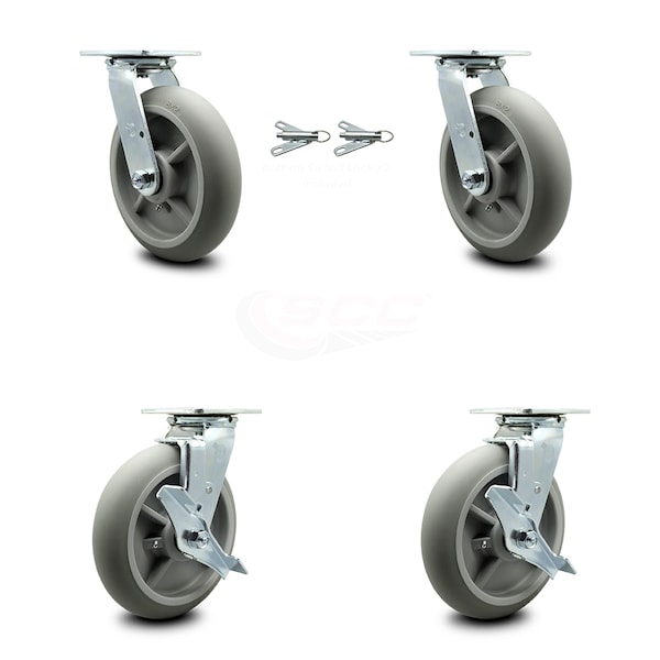 8 Inch Thermoplastic Rubber Caster Set with Roller Bearing 2 Swivel Lock 2 Brake